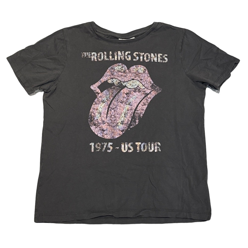 ROLLING STONES pre-distressed grey and pink graphic tee, women's size small.